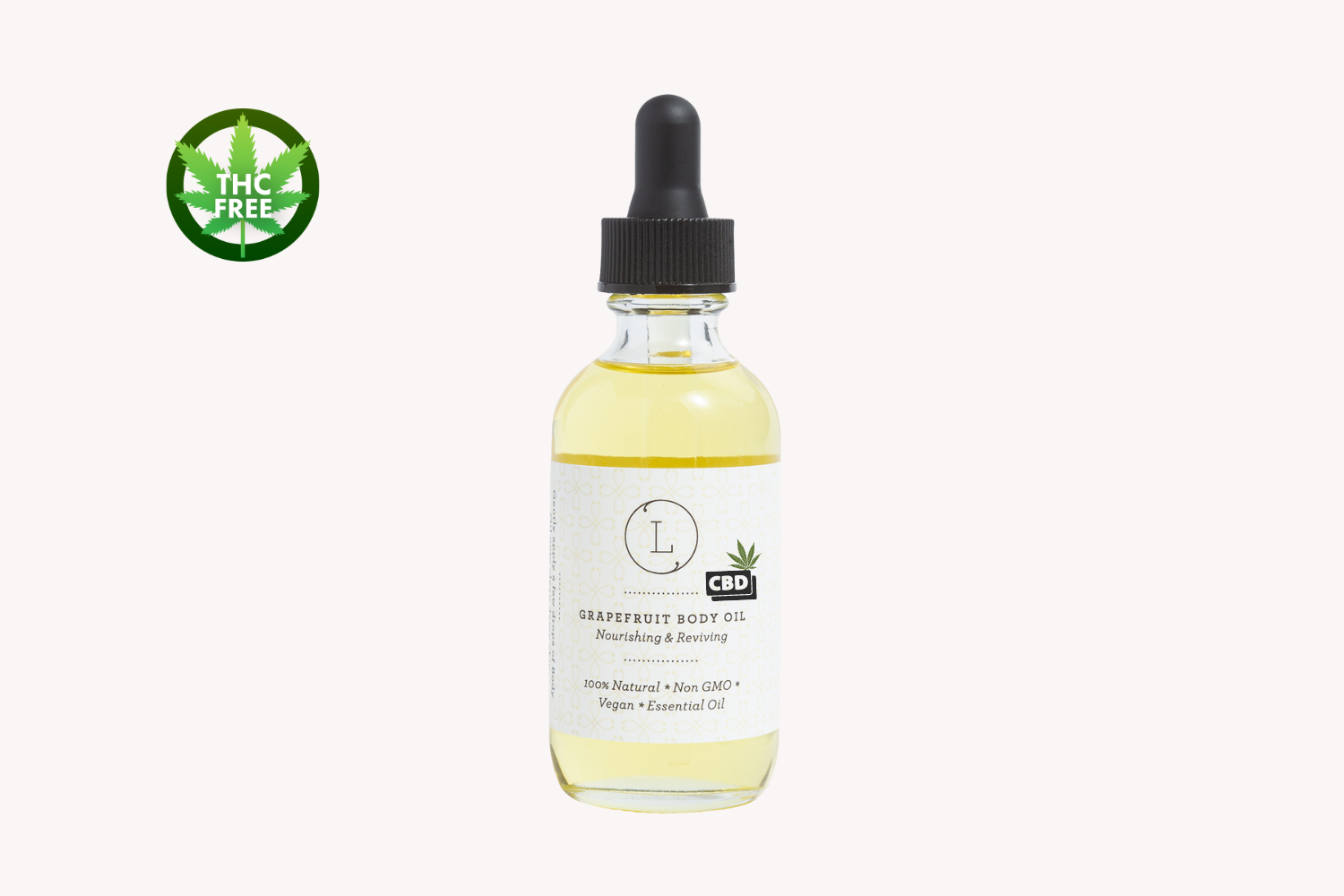 CBD Grapefruit Natural Body Oil in dropper bottle with THC free label, ideal for moisturizing and nourishing skin.
