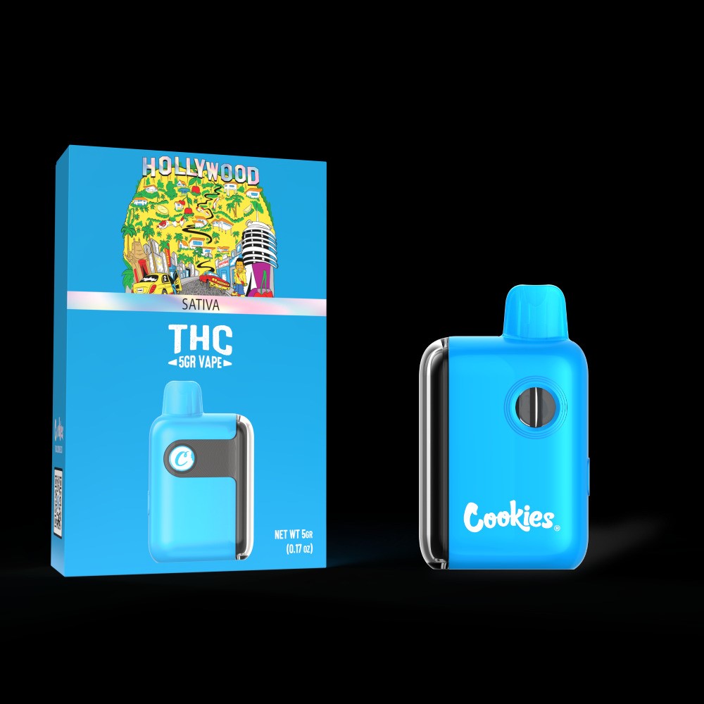 Hollywood 5G Sativa THC vape by Cookies, featuring a striking blue design and vibrant packaging.