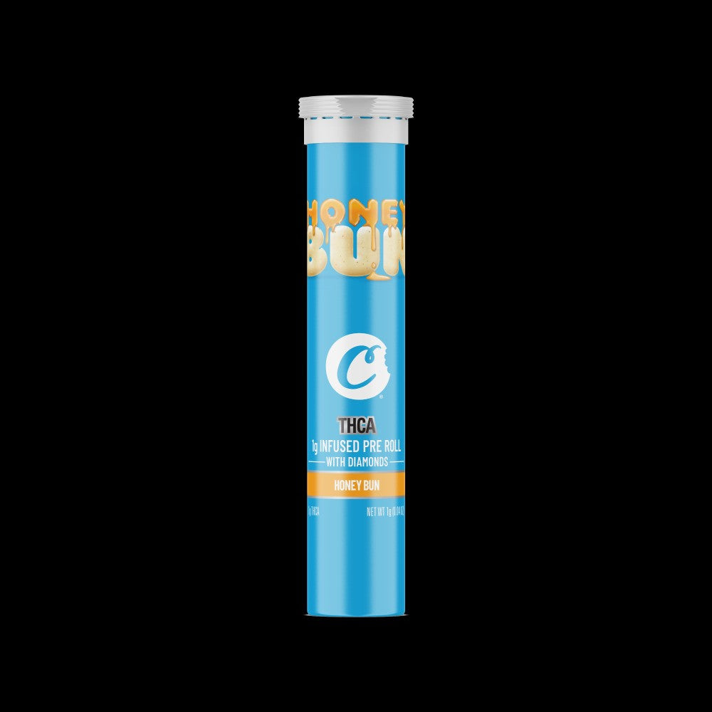 Honey Bun THCA-infused pre-roll with diamonds in a blue tube, offering premium cannabis experience.