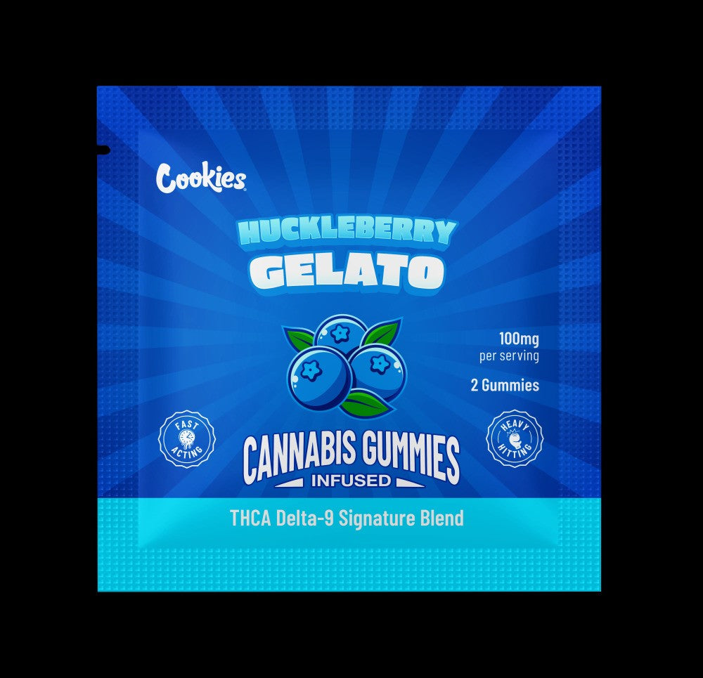 Huckleberry Gelato cannabis gummies package, featuring sweet berry ice cream flavor with Delta-9 and 100mg per serving.