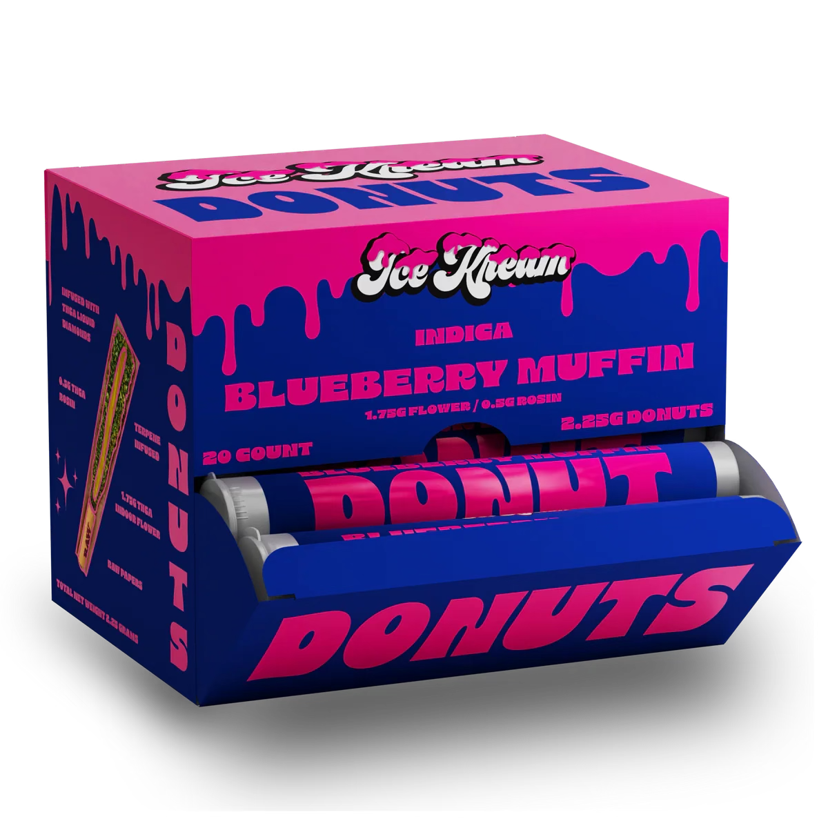 Blueberry Muffin Donut prerolled cones packaging with vibrant design and product details.