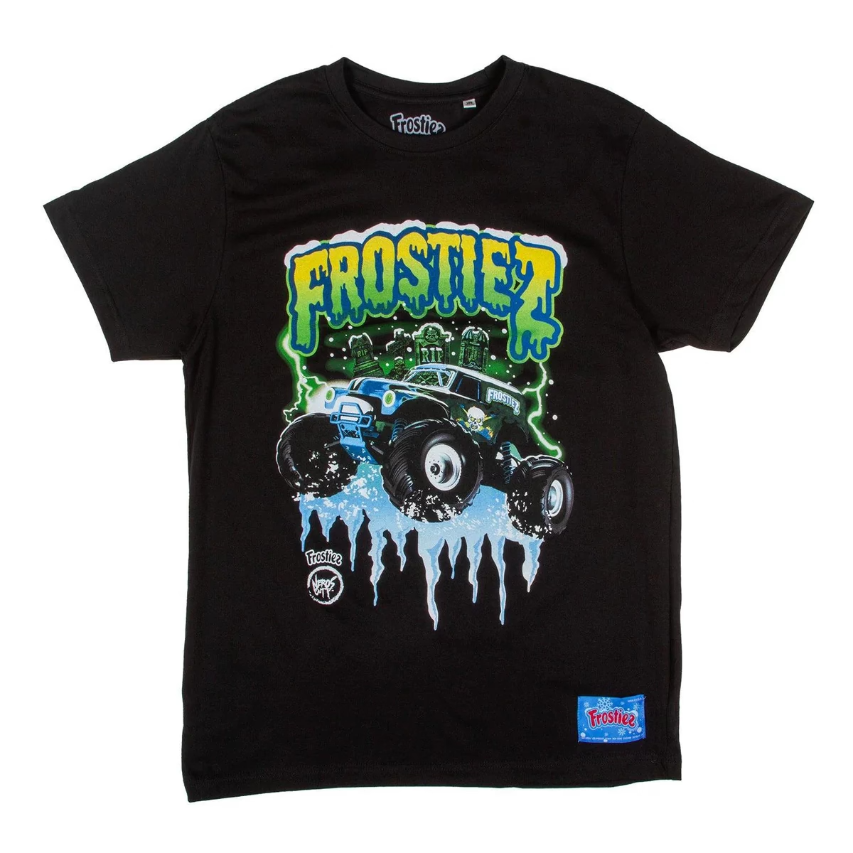 Frostiez black t-shirt featuring a cool monster truck graphic and ice details, perfect for fans of fun apparel.