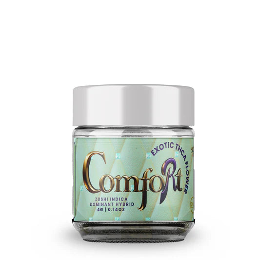 ZUSHI by Comfort THCA flower jar, Indica dominant hybrid with citrus and pine aroma, 4g product.