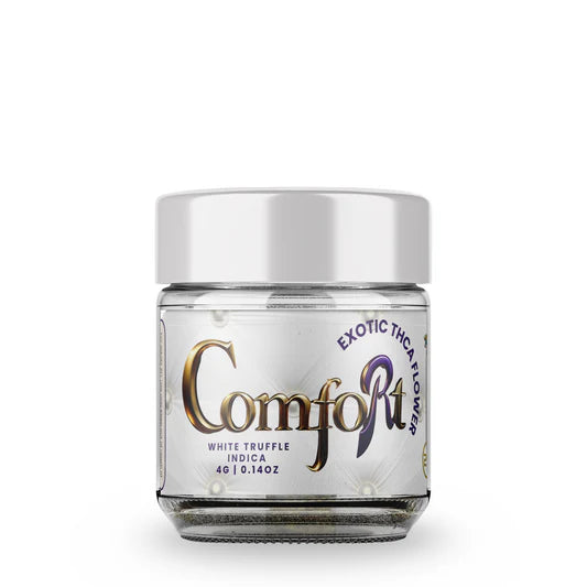 Jar of White Truffle THCA flower by Jokes Up x Comfort, 40g indica strain in a clear container.