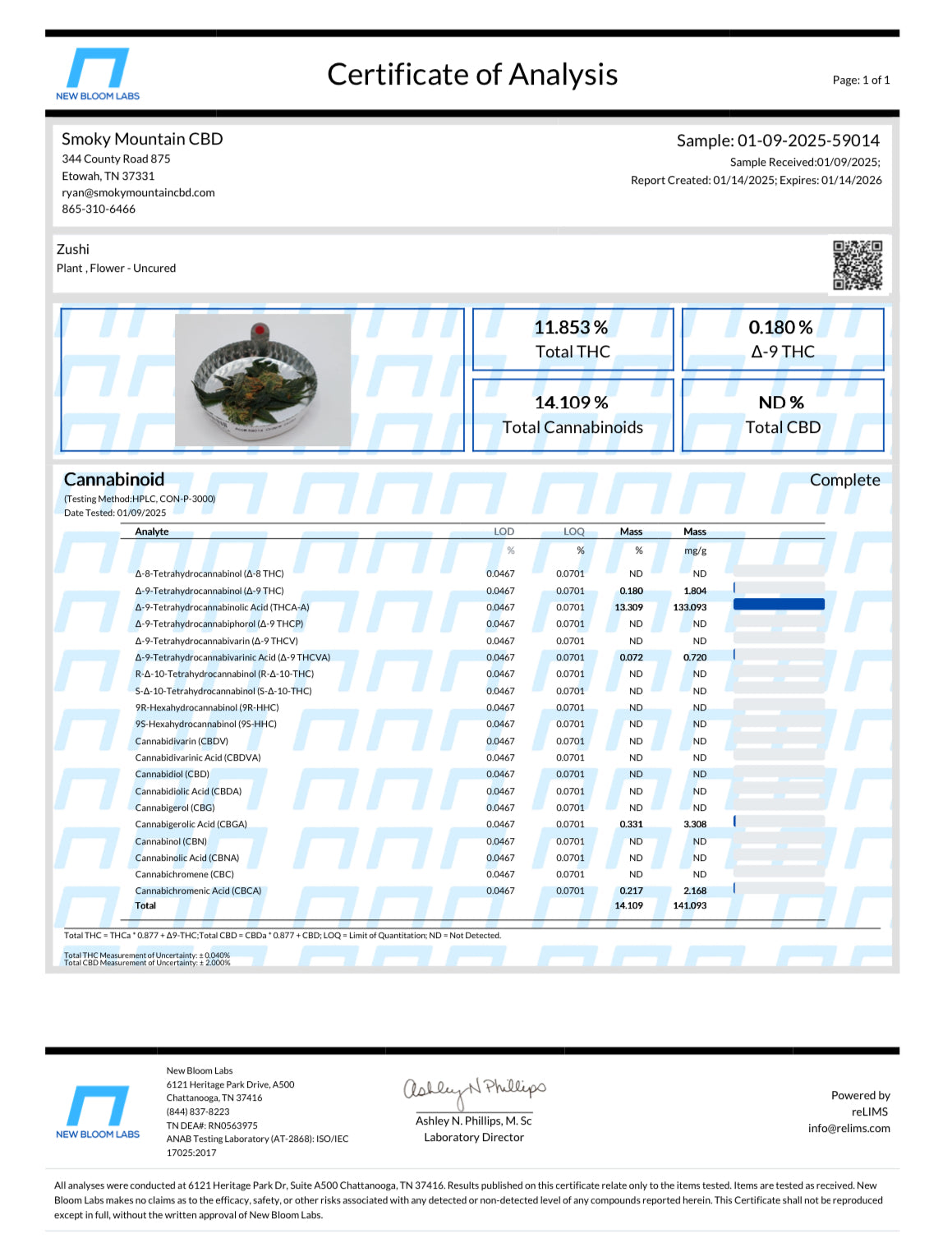 Certificate of Analysis for ZUSHI by ComfoRt x Jokes Up showing THC and CBD levels, compliant with 2018 Farm Bill.