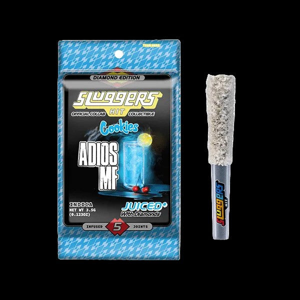 Juiced Pre-Roll 5 Pack Adios Sluggers featuring infused joints with diamond coating and premium flower.