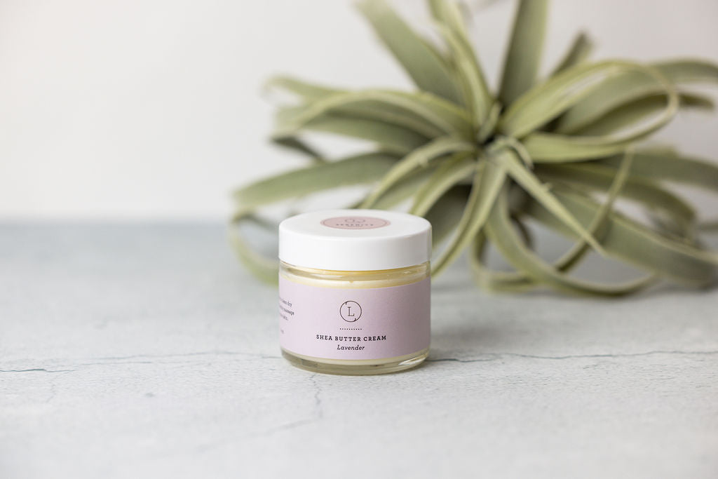 CBD Lavender Shea Butter body cream in a jar with a plant background, designed for hydrating and rejuvenating skin.