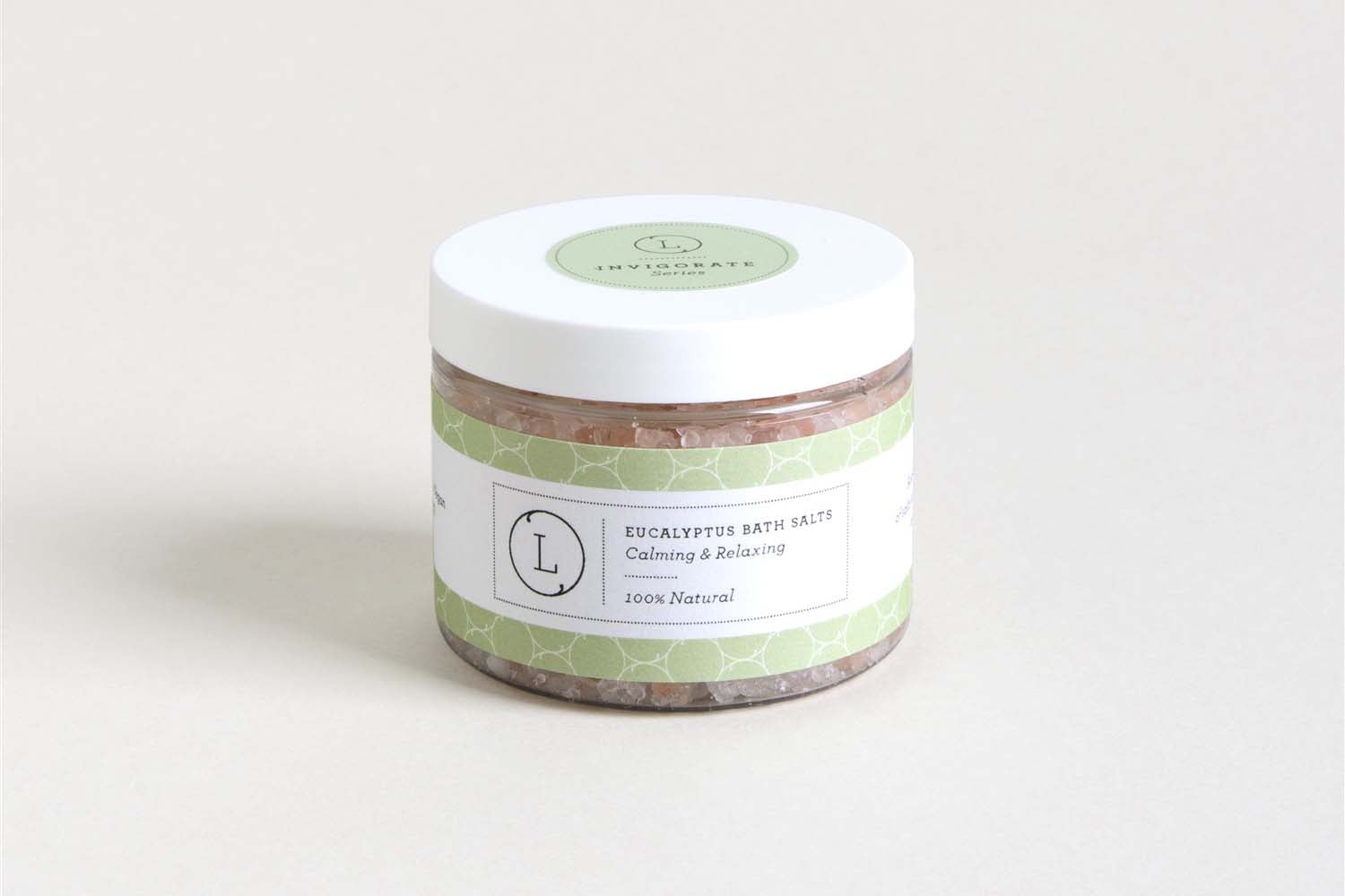 CBD Natural Eucalyptus Bath Salts jar for a calming and relaxing bath experience, THC-free and 100% natural.