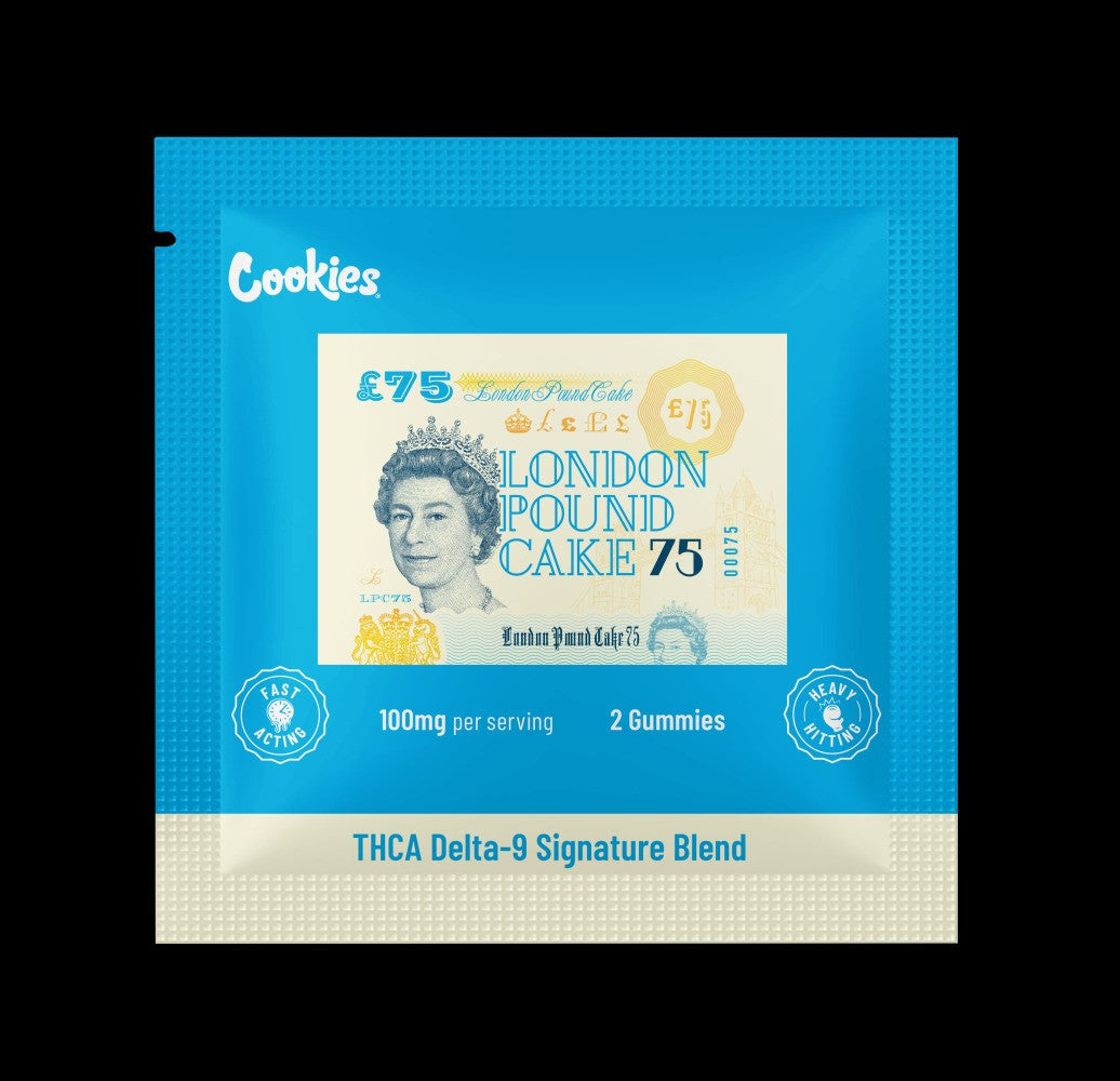 London Pound Cake Gummy package featuring £75 design, infused with THCA for a euphoric experience, 100mg total, 2 gummies.