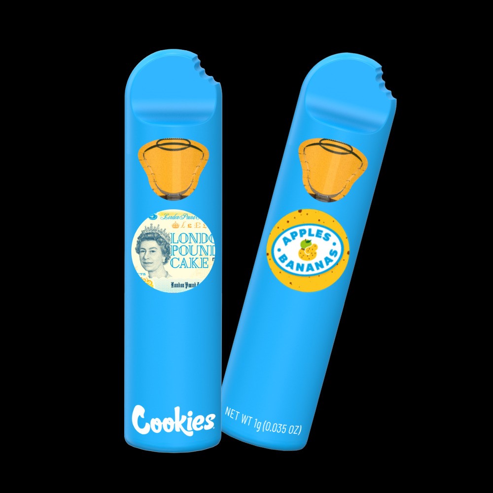 London Pound Cake x Apples Banana dual chamber vape pen featuring vibrant blue design and clear strain labels.