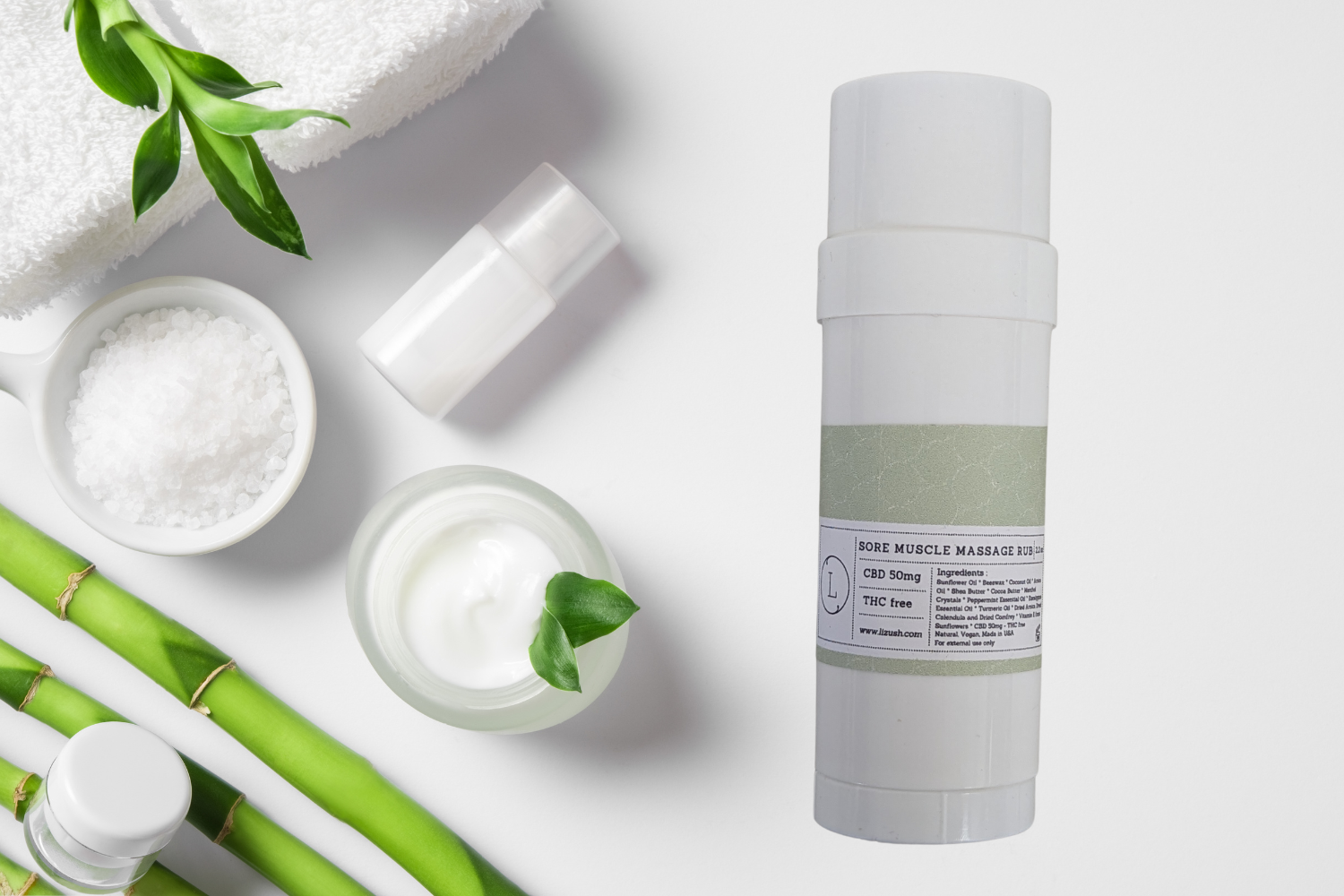 CBD Muscle Rescue Balm in eco-friendly container, surrounded by skincare products and natural elements, THC-free, vegan.