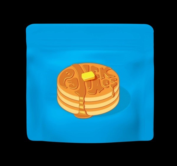 Pancake packaging design featuring stacked pancakes with syrup and butter on a blue background.