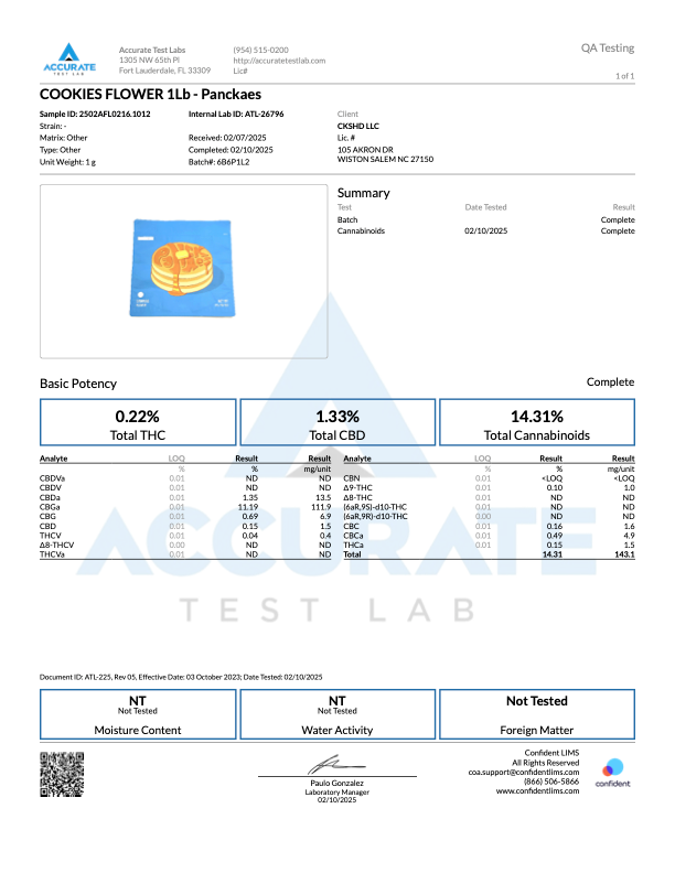Quality test results for Cookies Flower 1lb Pancakes strain, with THCa levels and potency details.