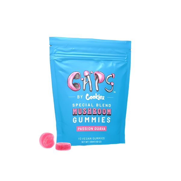 CAPS MUSHROOM Gummies by Cookies, Passion Guava flavor, 10 vegan gummies in bright blue packaging.