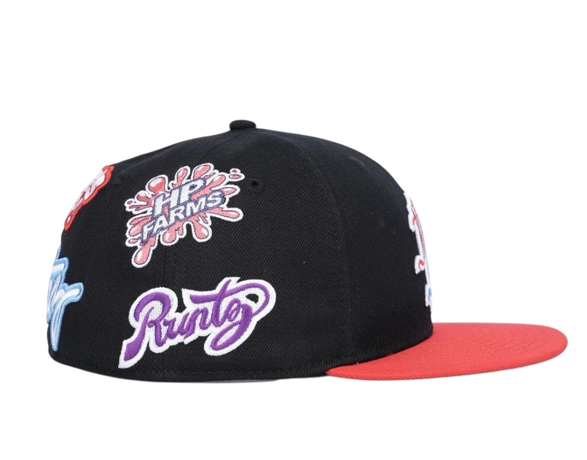Fitted hat featuring FOEVER FROSTIEZ x RUNTZ designs, limited edition side view with black and red colors.