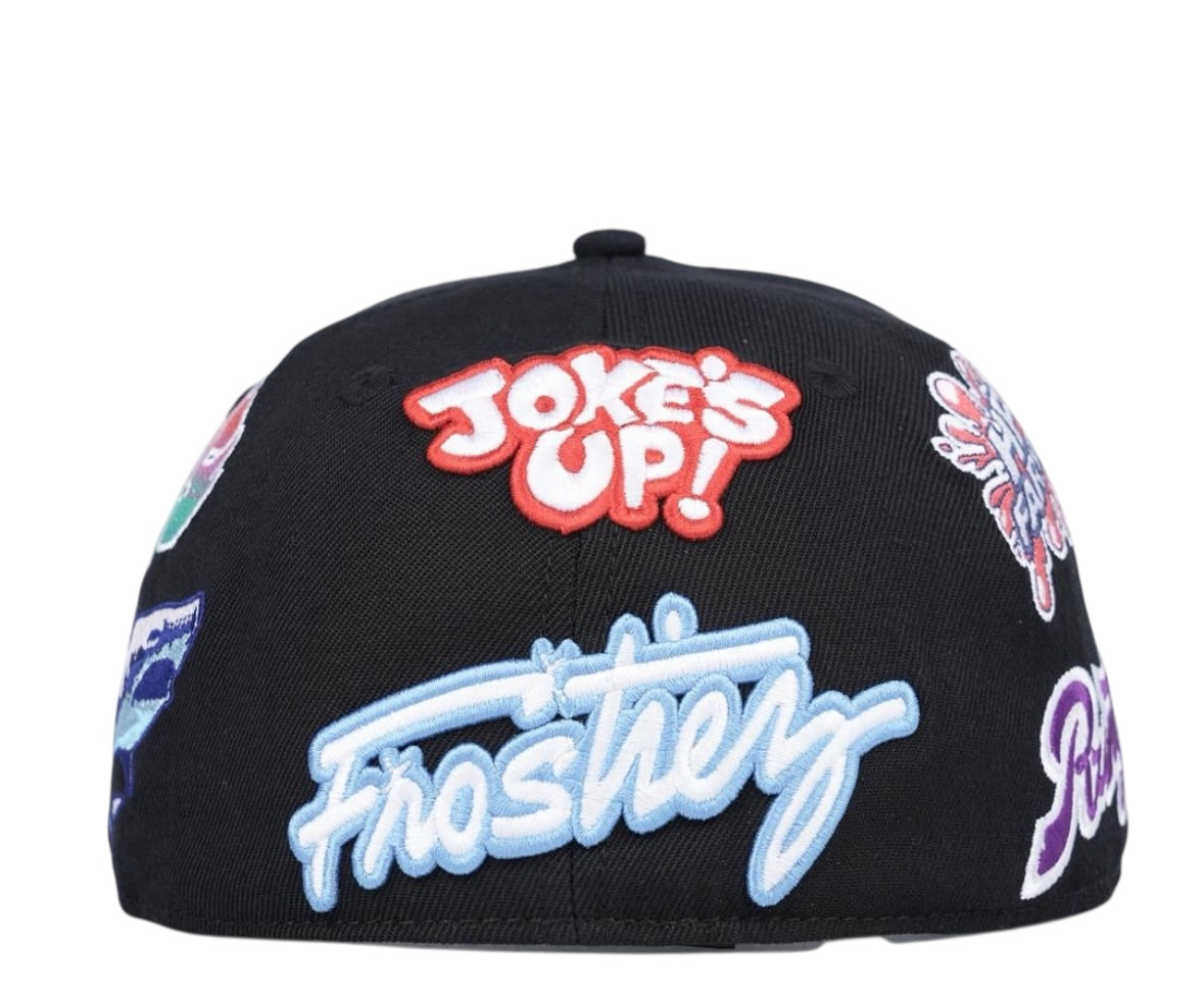 Fitted hat featuring embroidered designs, including 'Joke's Up!' and 'Froshtey' from the FOEVER FROSTIEZ X RUNTZ limited edition.
