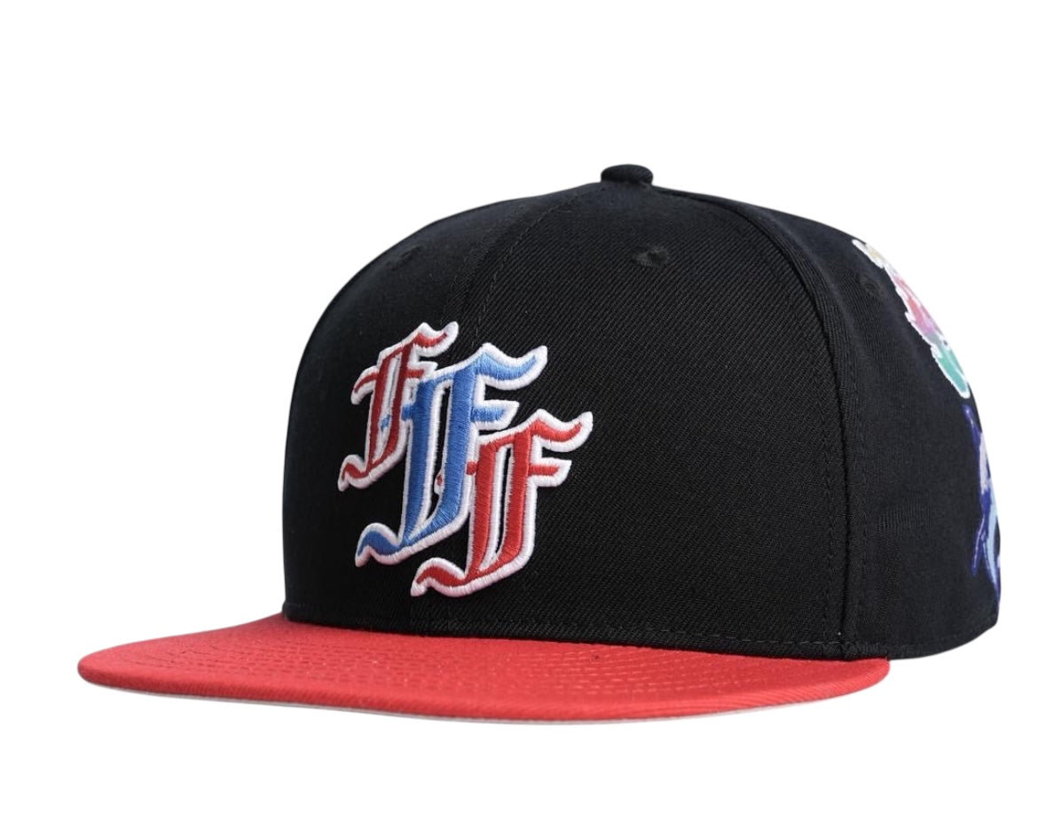Fitted hat from FOEVER FROSTIEZ X RUNTZ, black with red brim, limited edition cap showcasing Frosties x Runtz design.