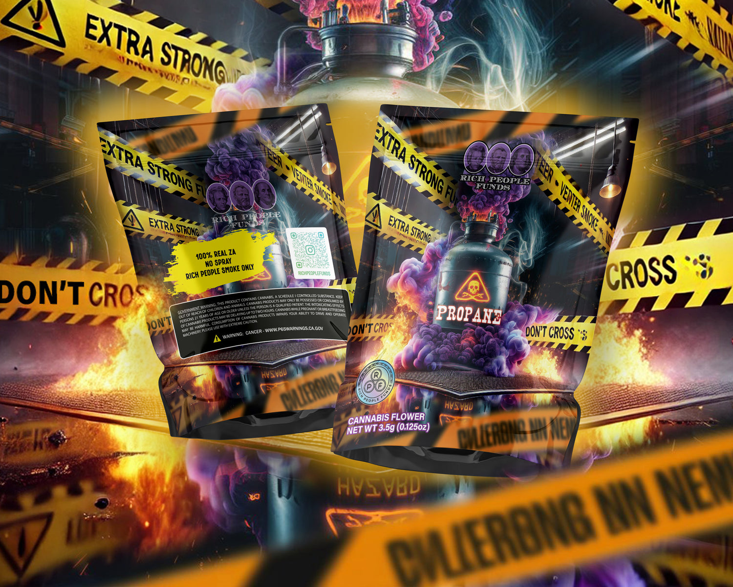 Propane cannabis flower package design with vibrant colors and warning signs, emphasizing extra strength and safety.