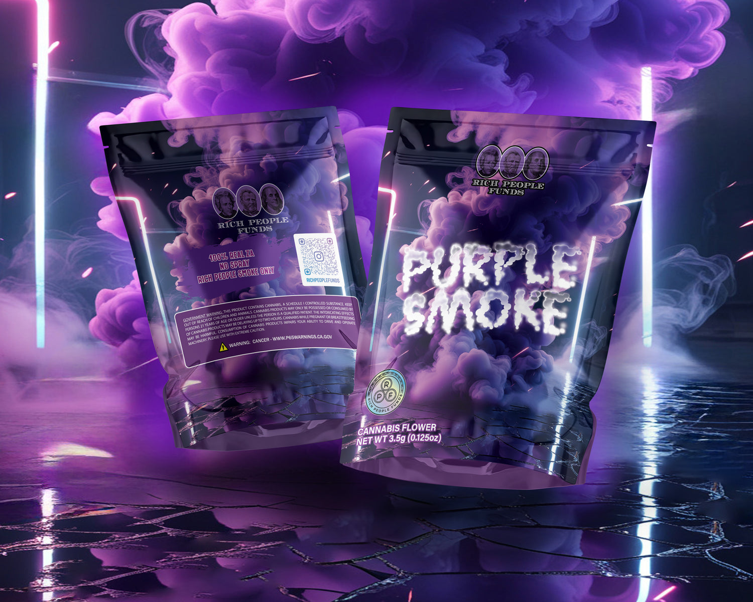 Purple Smoke cannabis flower packaging with vibrant purple smoke background, showcasing quality and appeal.
