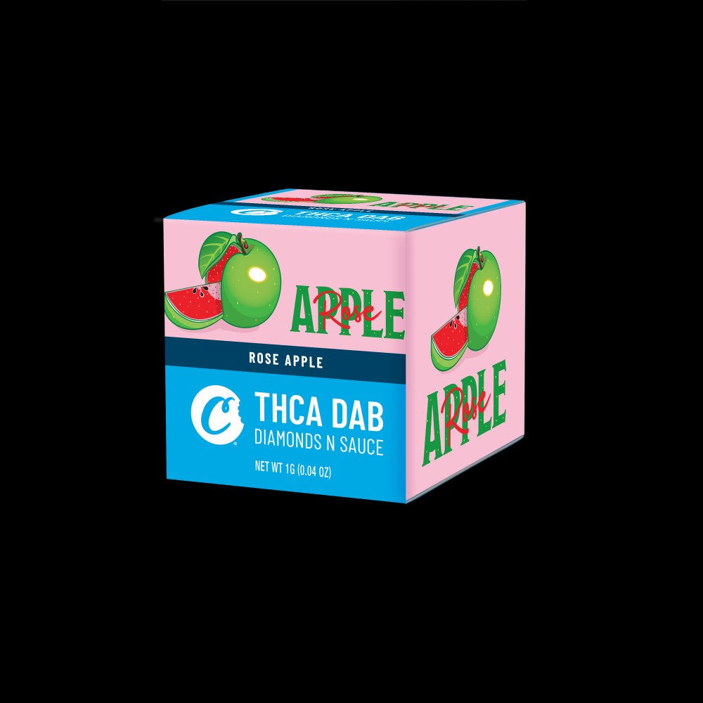 Rose Apple THCA dab diamonds n sauce packaging featuring green apple and watermelon graphics.