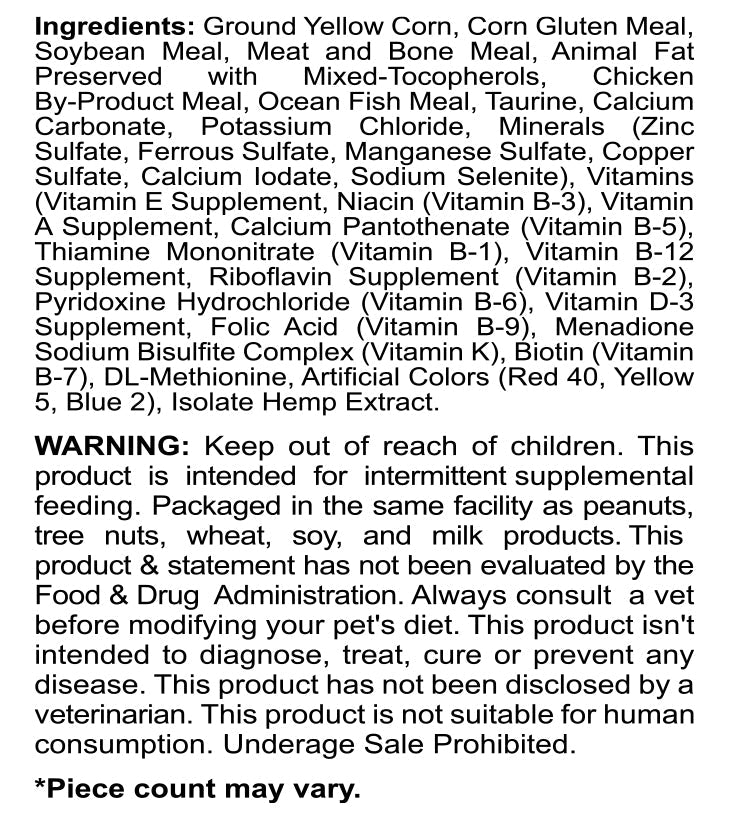 Ingredients list for CBD Pet Treats, including nutrients and warnings for pet safety.