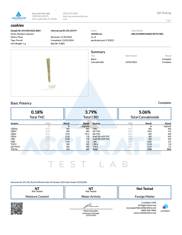 Laboratory testing report for cookies showing THC, CBD, and cannabinoid analysis, ensuring product quality and safety.