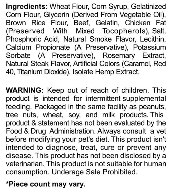 Ingredients and warning label for CBD Pet Treats featuring steak flavor, highlighting safety and dietary information.