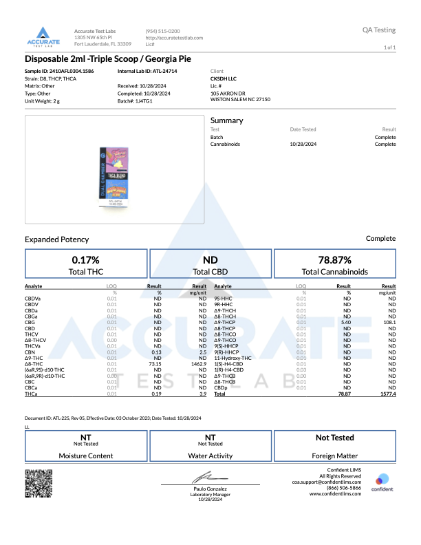 Disposable 2ml vape cartridge for Triple Scoop x Georgia Pie strain with lab testing summary.