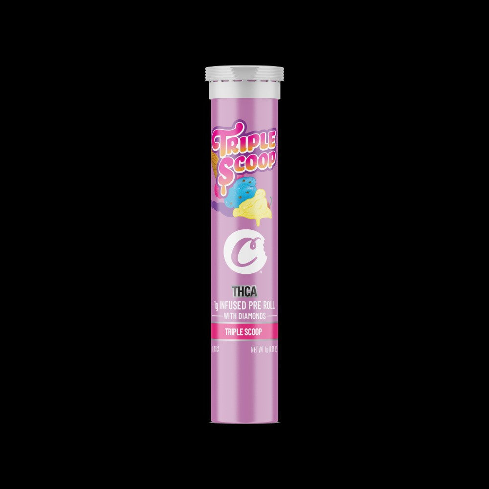 Triple Scoop THCA-infused pre-roll, featuring diamonds, in a vibrant tube packaging.