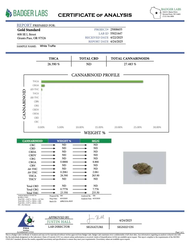 Certificate of Analysis for White Truffle cannabis strain showing THC content of 26.39% and total cannabinoids.