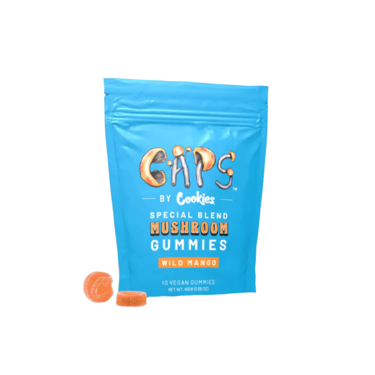 CAPS MUSHROOM Gummies with wild mango flavor in a bright blue package, featuring 10 vegan gummies.