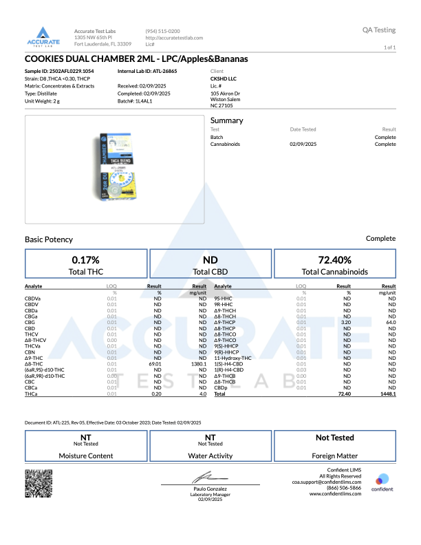 Quality assurance report for Cookies Dual Chamber 2ml with Apples & Bananas strain, showing potency details.