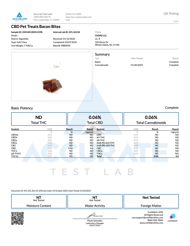 Lab report for CBD Pet Treats Bacon Bites showing potency and quality test results.