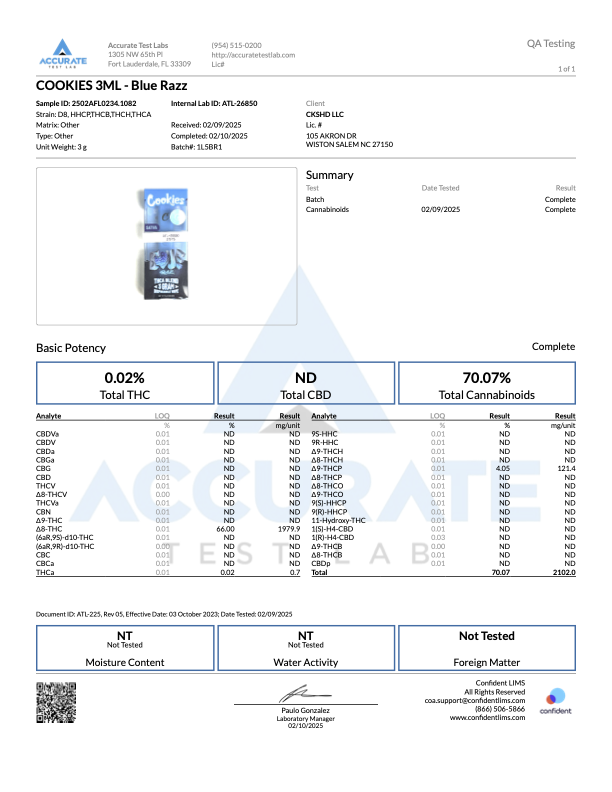 Lab report for Cookies 3ML Blue Razz, detailing potency and cannabinoid levels for quality assurance.