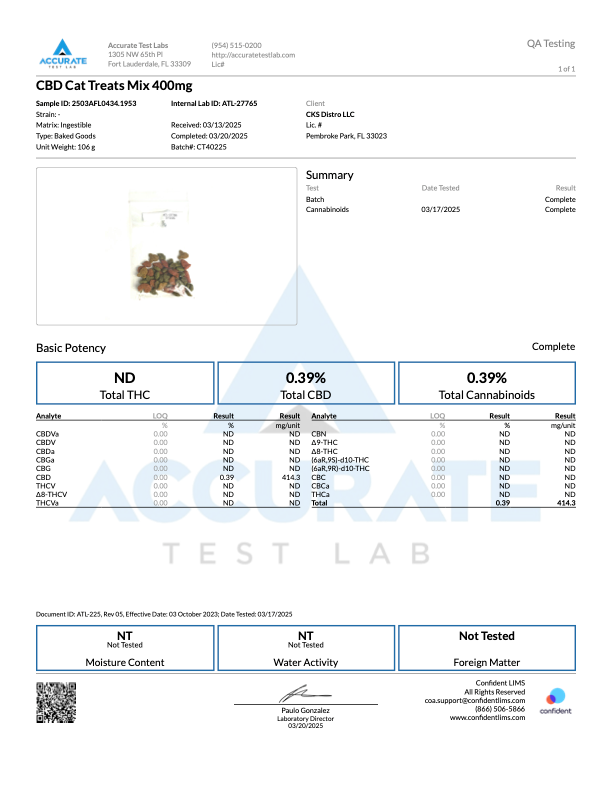 Lab analysis report for CBD Cat Treats Mix 400mg showing cannabinoid and potency details.