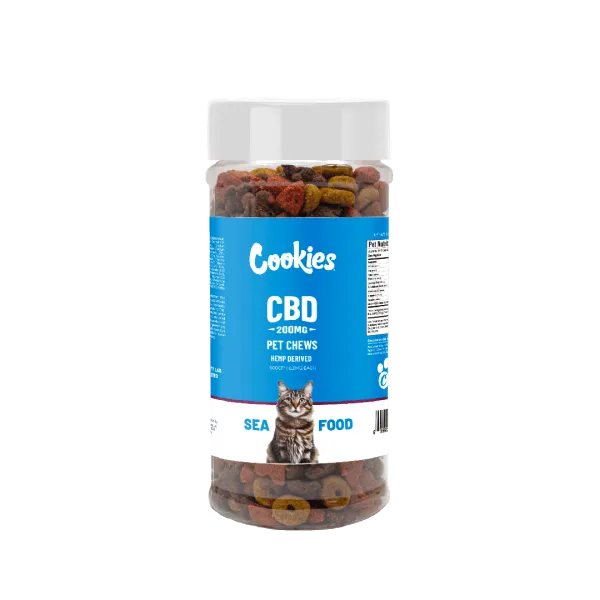 CBD pet chews in a clear jar with seafood flavor, designed for cats, promoting relaxation and wellness.