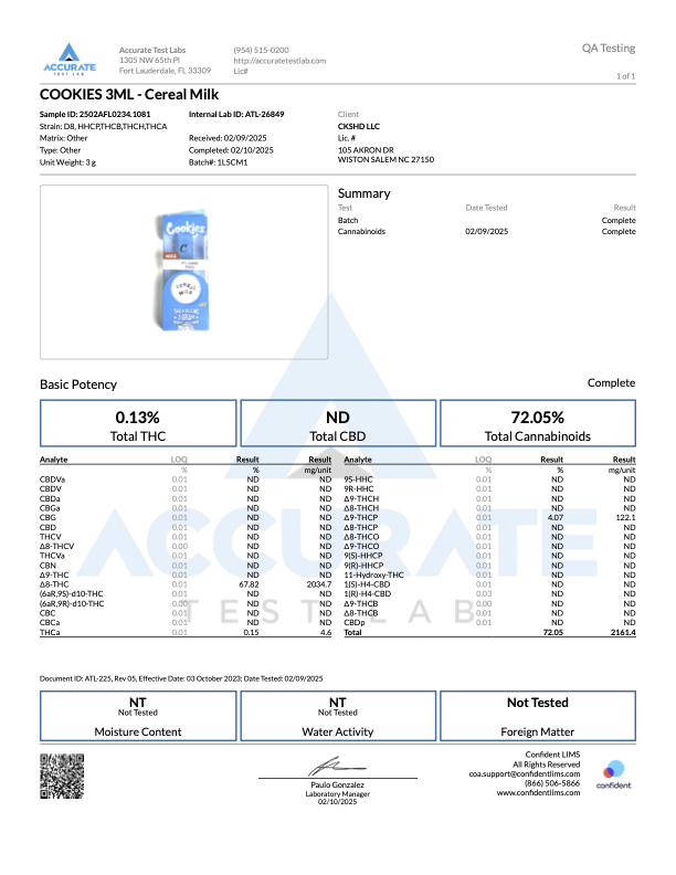 Lab report for Cookies 3ml Cereal Milk, detailing cannabinoid content and testing results.