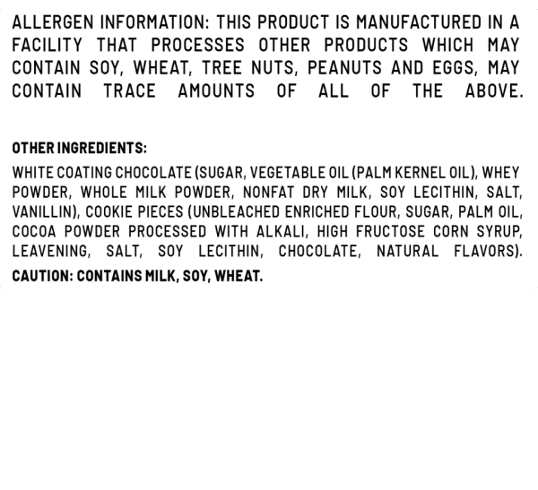 Allergen information for Cookies & Cream Chocolate Bar detailing potential allergens and ingredients.