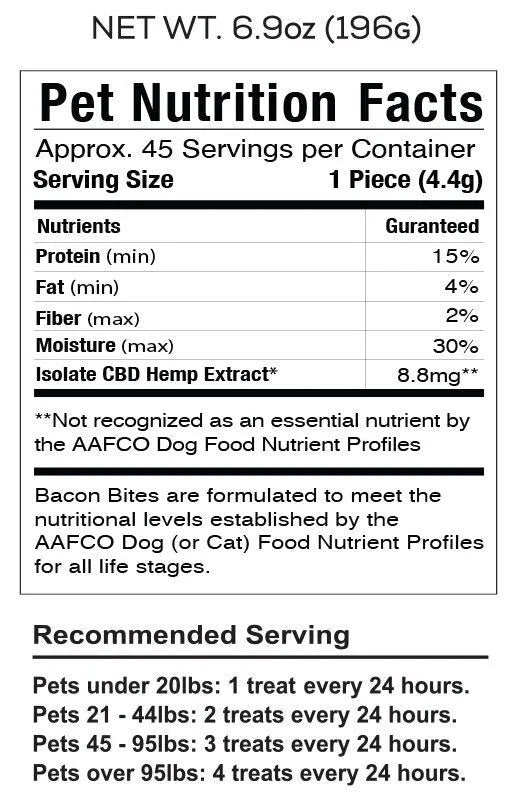 Nutrition facts for pet treats, including protein, fat, fiber, and CBD extract details.