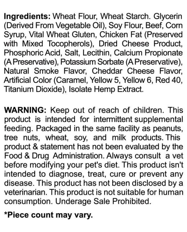 Ingredients and warning label for CBD dog treats, highlighting wheat, beef, and other components.