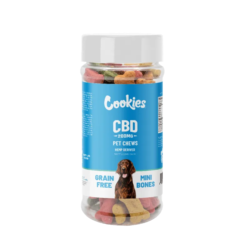 CBD Mini Bones Pet Treats in a jar, grain-free, 200mg hemp-derived CBD for dogs.