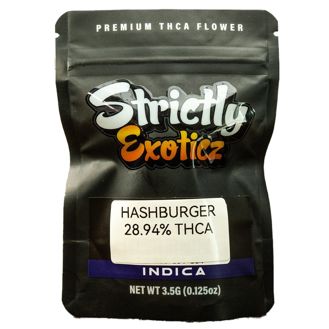 Hash Burger THCA flower packaging featuring 28.94% THCA, by Strictly Exoticz, in a sleek black bag.
