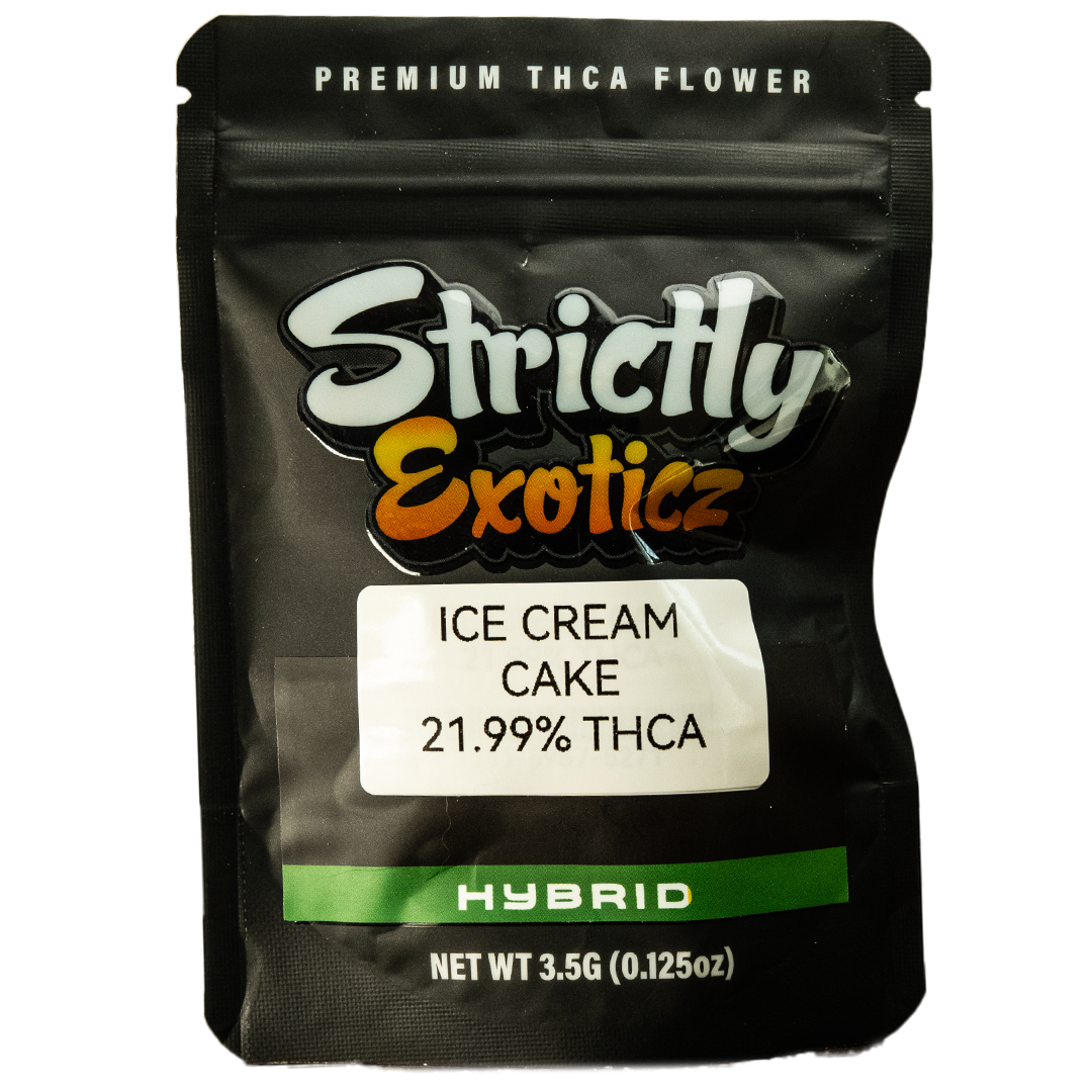 Strictly Exoticz Ice Cream Cake THCA flower bag, 3.5g, 21.99% THCA content, hybrid strain.