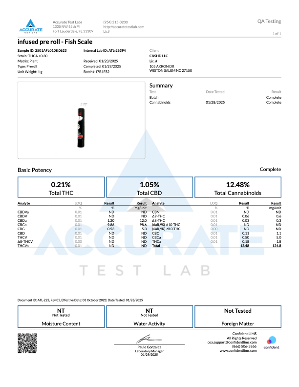 Lab report for infused pre-roll Fish Scale, detailing THCA and cannabinoid content.