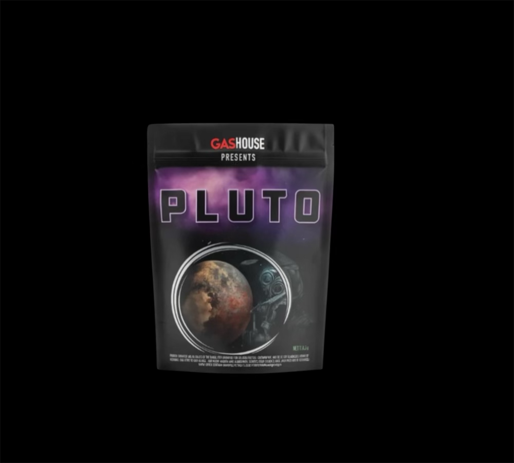 GasHouse Pluto packaging featuring a planet graphic and bold lettering, showcasing a unique product.