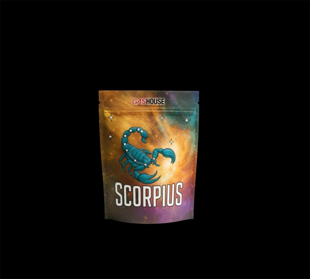 GasHouse Scorpius product pouch with scorpion design and colorful cosmic background.