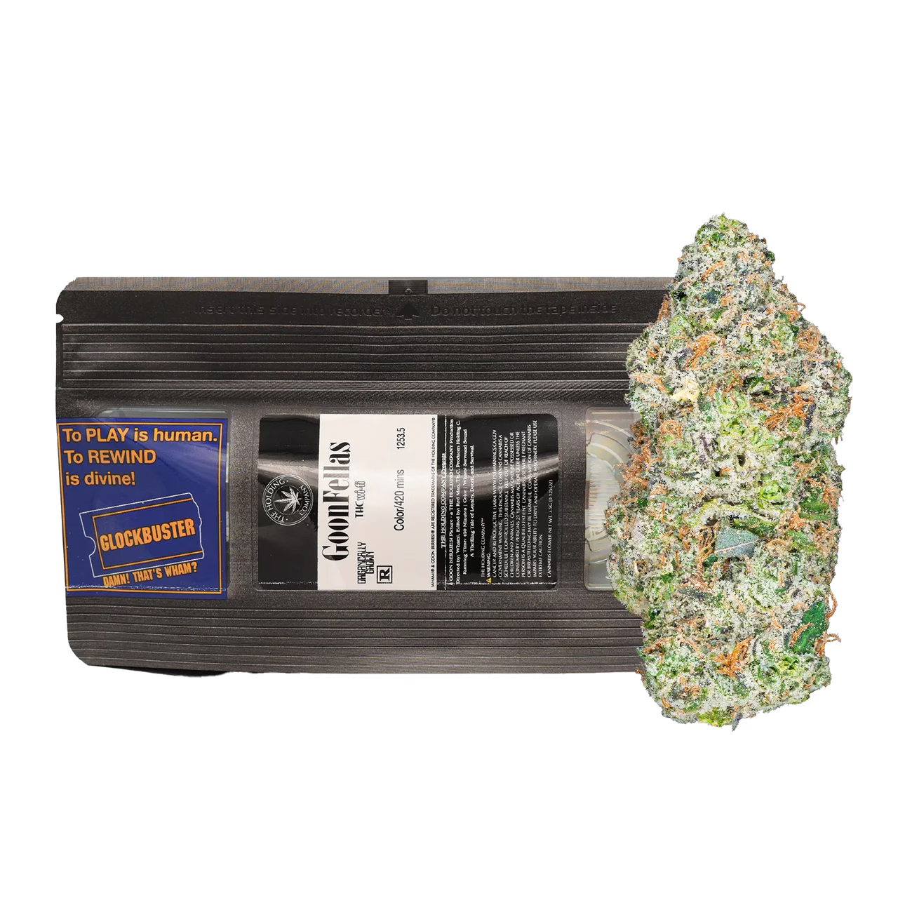 Vintage VHS tape of Goodfellas with cannabis bud, combining classic cinema and modern culture.