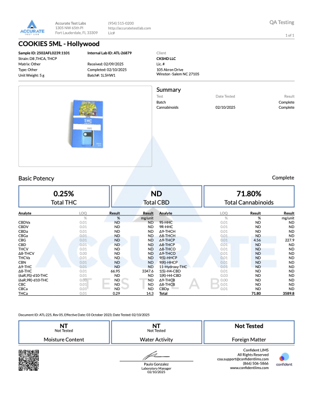 Lab test report for Hollywood Cookies 5ml, showing cannabinoid potency and THC levels.