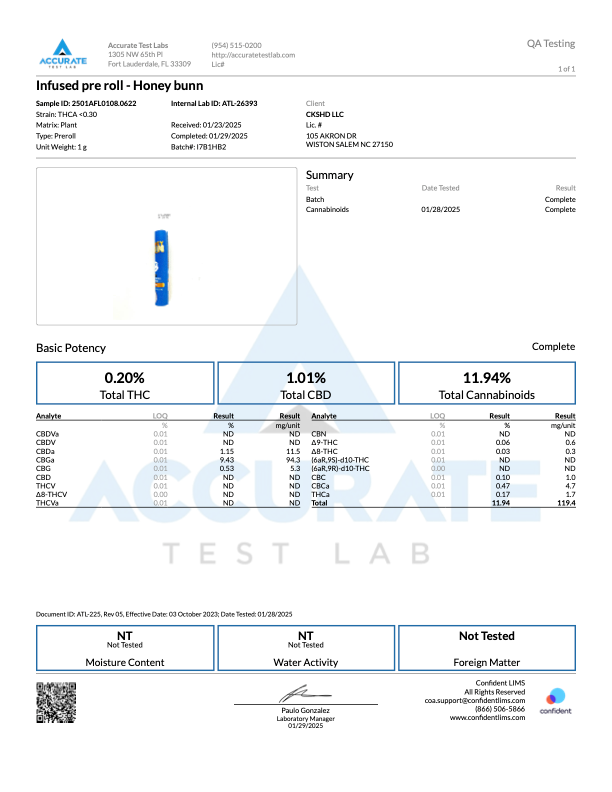 Infused pre-roll Honey Bun lab test results showcasing THCA and cannabinoid potency information.