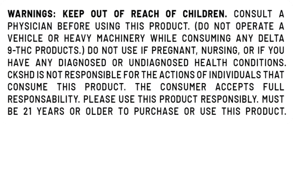 Warning label for Delta 9 THC products, highlighting safety precautions and age restrictions for consumers.